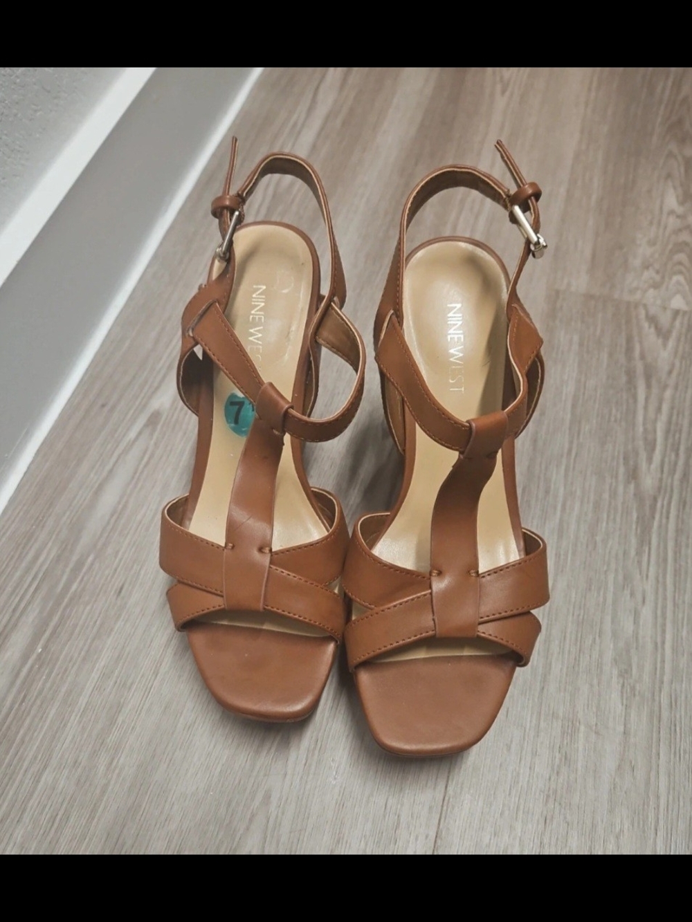 Nine West Brown Leather Cross-Strap Block Heel Sandals